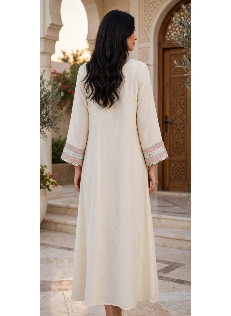Ikkxa  Geometric Embroidered Notch Neck Maxi Jalabiya for Women | Best Price UAE