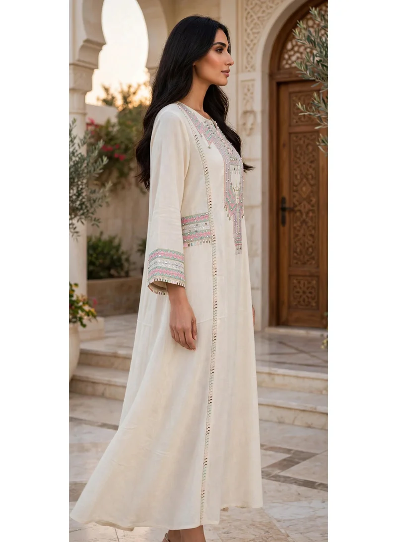 Ikkxa  Geometric Embroidered Notch Neck Maxi Jalabiya for Women | Best Price UAE