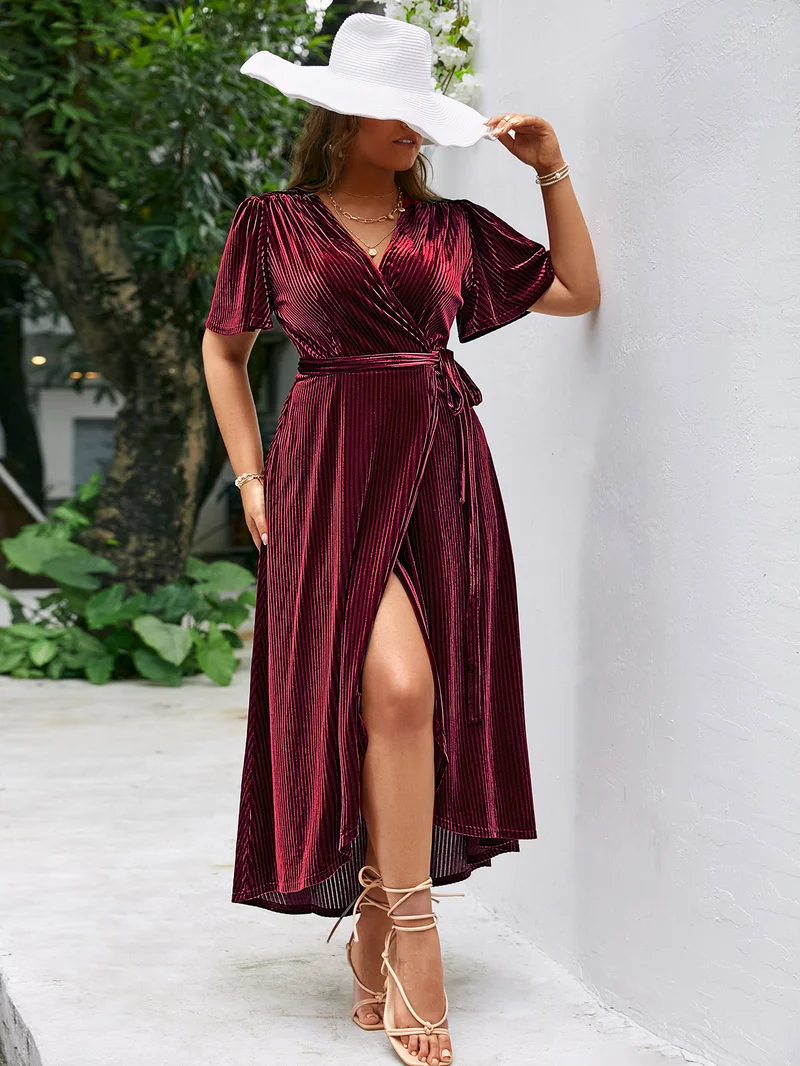 Simplee V Neck Short Sleeve Wrap Maxi Dress, Front High Split, Satin Fabric Modest Elegant Long Dress