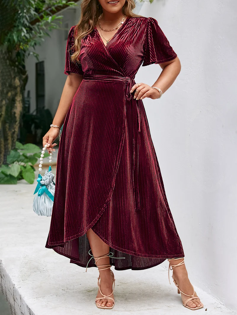 Simplee V Neck Short Sleeve Wrap Maxi Dress, Front High Split, Satin Fabric Modest Elegant Long Dress