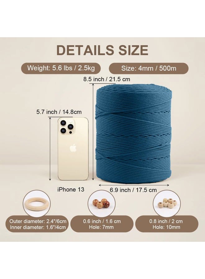 ZUEXT Macrame Cotton Cord 4mm x 547yds, Natural Handmade Peacock Blue Braided Cords 4 Strands Knitted Rope String for Craft Wall Hanging Weaving Tapestry Dream Catchers Hanger DIY Gift (500m) - Image 2