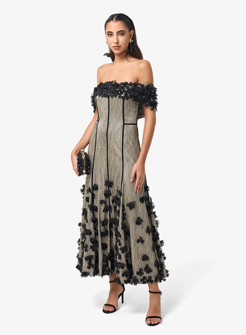 Threadz by Ajooni Floral Applique Off Shoulder Maxi Dress