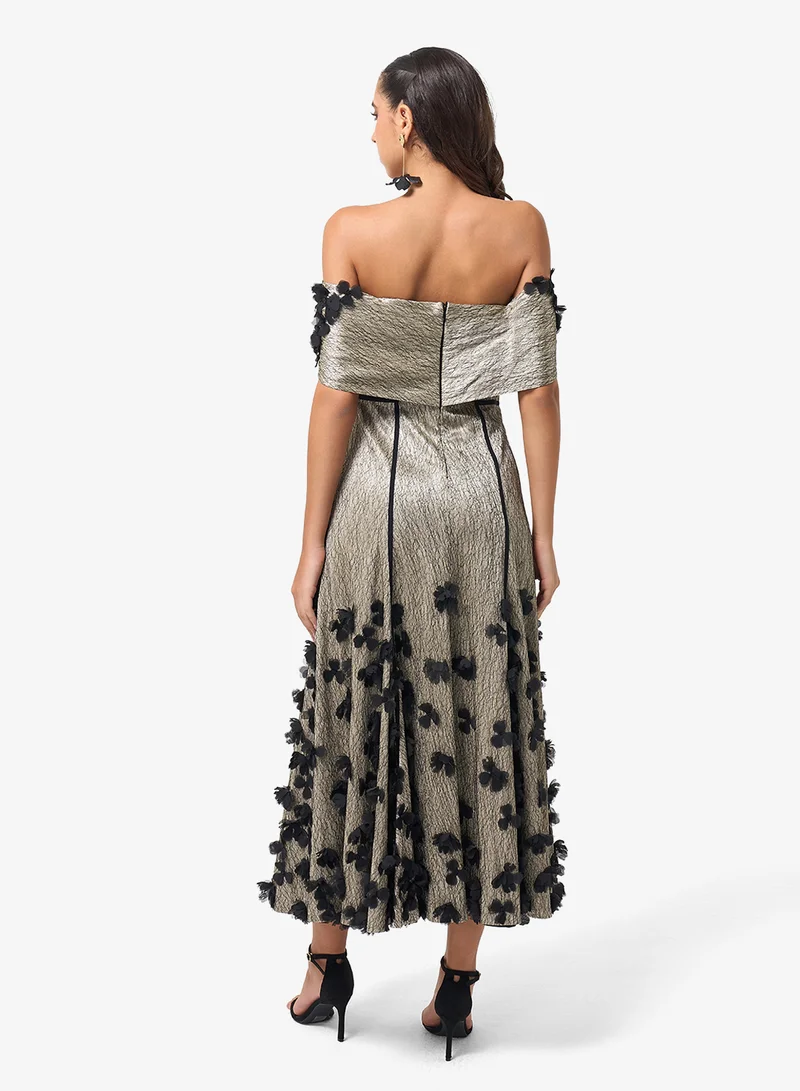 Threadz by Ajooni Floral Applique Off Shoulder Maxi Dress