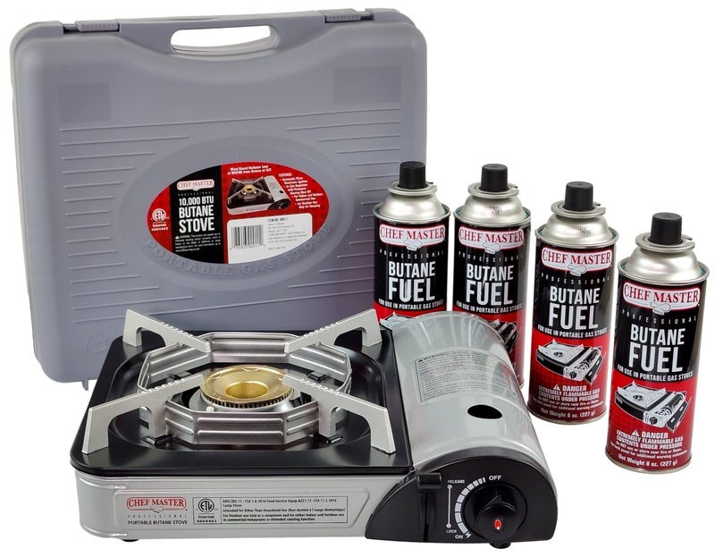 Chef-Master Chef Master Butane Countertop Stove COMBO w/ 4 x 8oz. Butane Fuel Canister, Portable Camping Stove 10,000 BTU Output Brass Burner, Portable Stoves for Immediate Use, Outdoor Cooking, Emergencies 90011 - Image 2