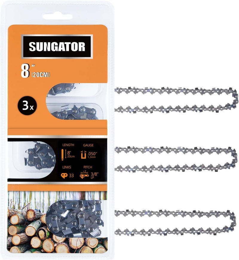 SUNGATOR 3-Pack 8 Inch Chainsaw Chain SG-S33, 3/8" LP Pitch - .050" Gauge - 33 Drive Links Compatible with Chicago, Earthwise, Greenworks and More - Image 1