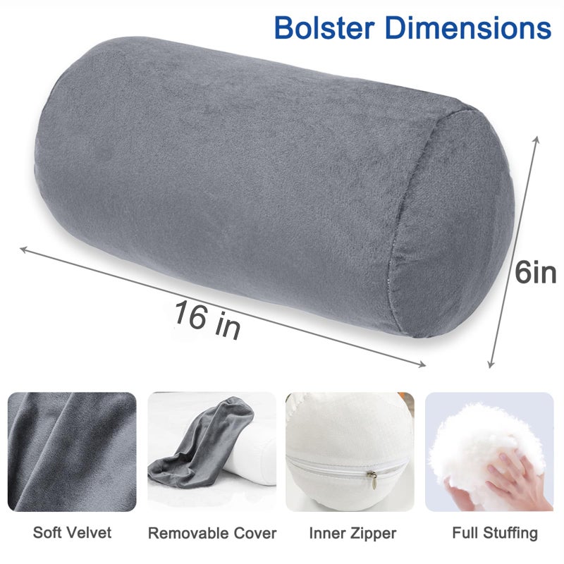 1 MIDDLE ONE Bolster Pillow with Removable Velvet Cover, Round Cylinder Neck Roll Pillow for Head, Back, Leg Support, Decorative Bed and Couch Pillow 16 x 6 Inches (Grey) - Image 2