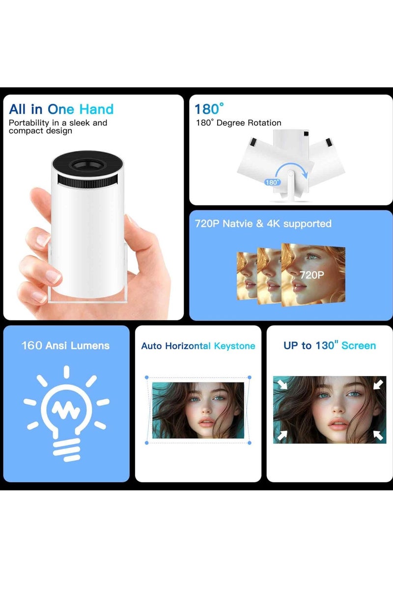 Mini Projector, Support 4K 1080P Portable Projector with Dual Band WIFI6 5G Wireless 5.2 Bluetooth Android 11, 160 ANSI Lumens, 180° Rotatable, Auto Keystone Correction - Image 2