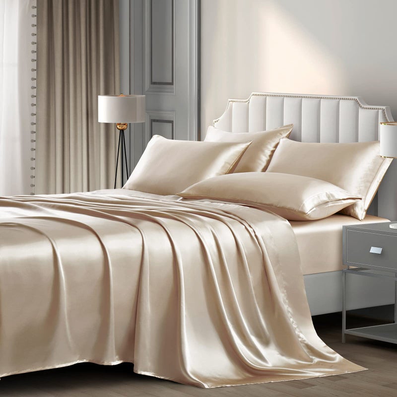 P Pothuiny Satin Sheets Set Queen 6 Pieces Taupe  Luxury Soft Bed Linen Set with 1 Fitted Sheet 1 Flat Sheet 4 Pillowcases