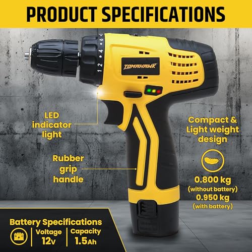 Tomahawk T7384 12V Cordless Drill/Screwdriver | 10mm Keyless Chuck | 2-Speed 350/1350 RPM | Double Battery | LED Light, 28Nm Torque | Ideal for Home, DIY, Wood & Metal Drilling - Image 2