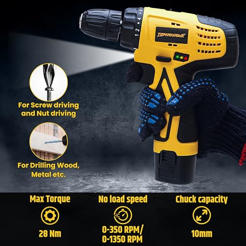 Tomahawk T7384 12V Cordless Drill/Screwdriver | 10mm Keyless Chuck | 2-Speed 350/1350 RPM | Double Battery | LED Light, 28Nm Torque | Ideal for Home, DIY, Wood & Metal Drilling - Image 3