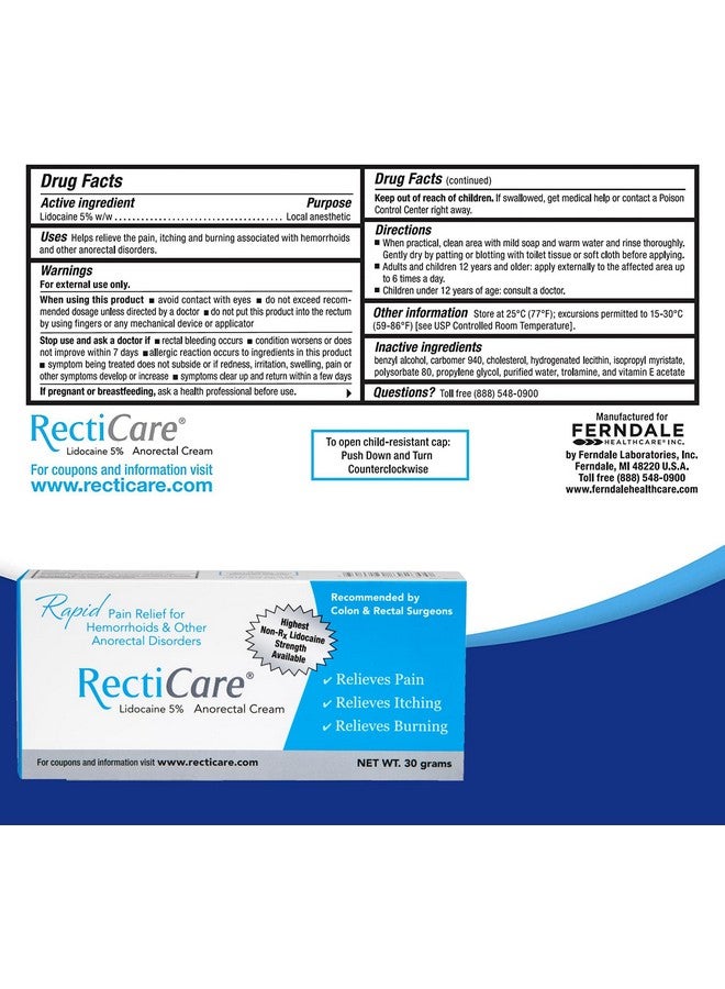 RectiCare Anorectal Lidocaine 5% Cream: Topical Numbing Cream for Treatment of Hemorrhoids & Other Anorectal Disorders - 30g Tube - Image 3