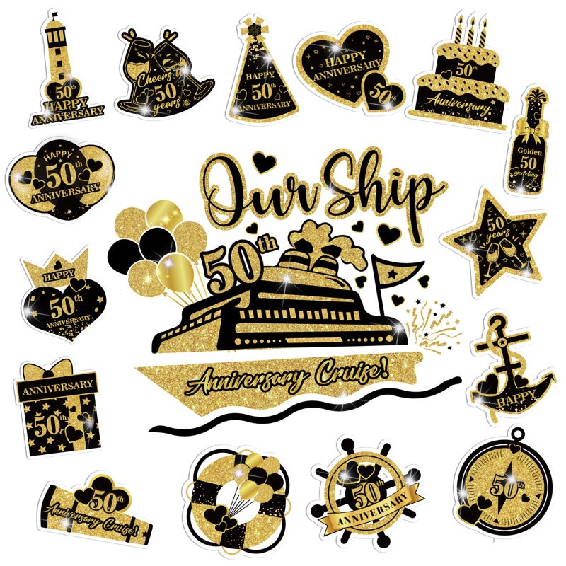 Wayyogh 50th Anniversary Cruise Door Magnets Decorations, Gold Black Happy 50th Anniversary Cruise Ship Door Decor Magnetic for Married in 1975 Men Women Wedding Party Refrigerator Fridge Car Kitchen Garage - Image 1