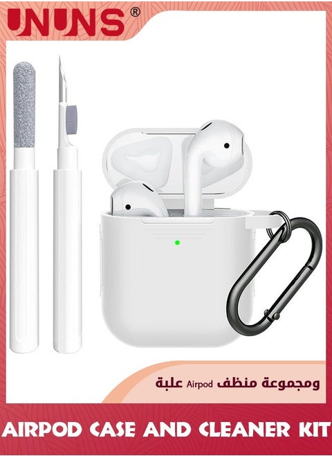 AirPods Case With Cleaner Kit,3 in 1 Soft Silicone Full Protective Cover Cleaning Pen And Keychain,Compatible Airpods 2nd/1sT Generation Charging Case,White