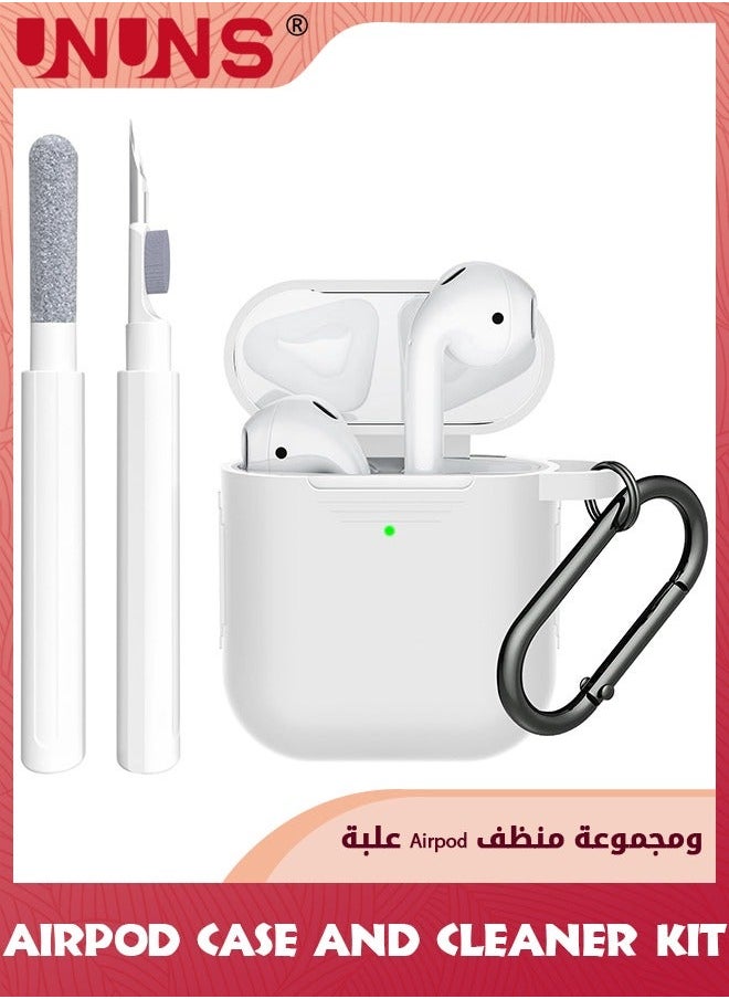 AirPods Case With Cleaner Kit,3 in 1 Soft Silicone Full Protective Cover Cleaning Pen And Keychain,Compatible Airpods 2nd/1sT Generation Charging Case,White