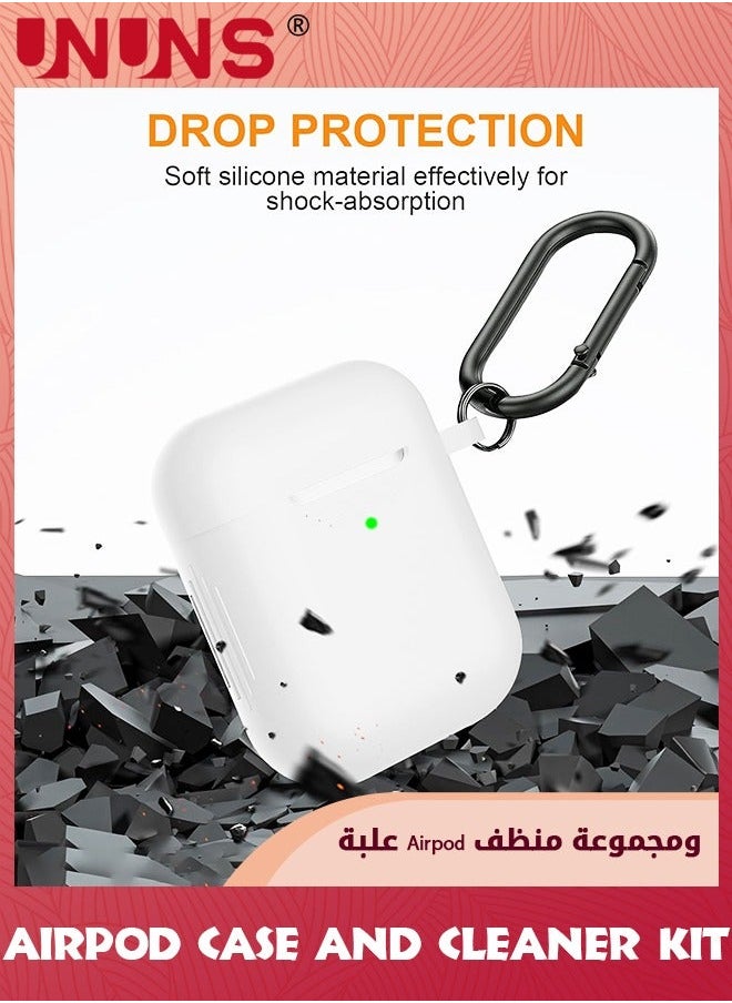 AirPods Case With Cleaner Kit,3 in 1 Soft Silicone Full Protective Cover Cleaning Pen And Keychain,Compatible Airpods 2nd/1sT Generation Charging Case,White