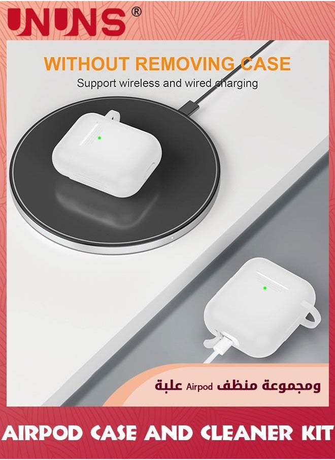 AirPods Case With Cleaner Kit,3 in 1 Soft Silicone Full Protective Cover Cleaning Pen And Keychain,Compatible Airpods 2nd/1sT Generation Charging Case,White