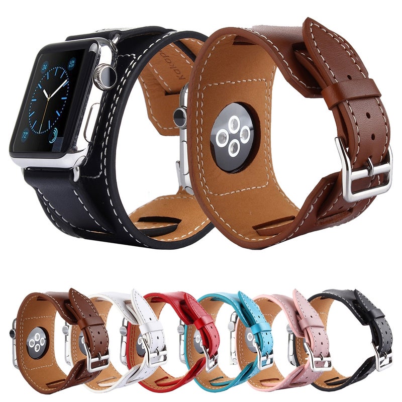 Kakapi for Apple Watch 38mm Bracelet Style Metal Buckle Cowhide Leather Watch Band with Connector(Pink)