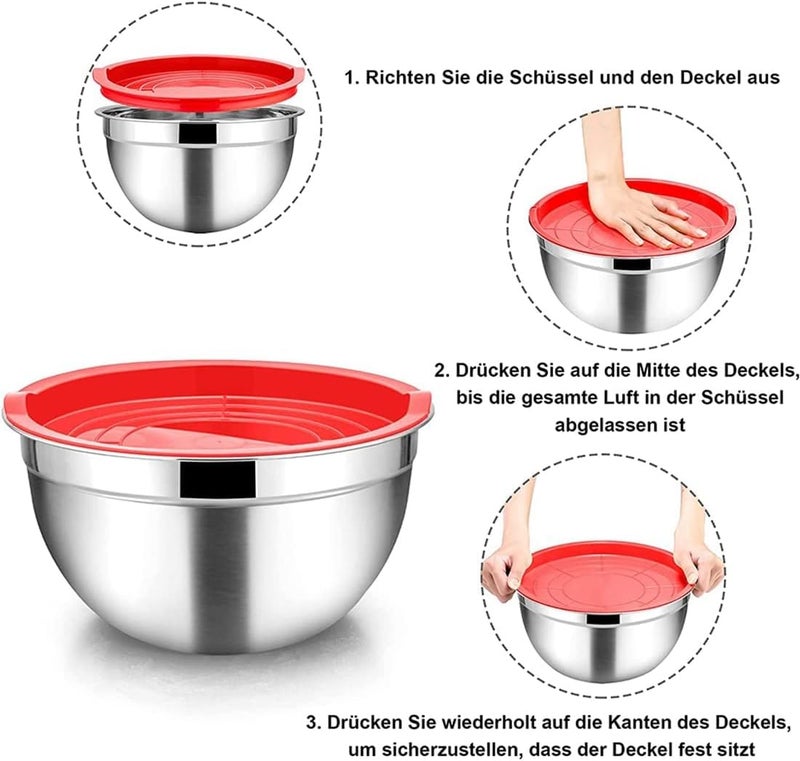 Stainless Steel Mixing Bowls Set of 5 with Colourful Silicone Lids - Image 2