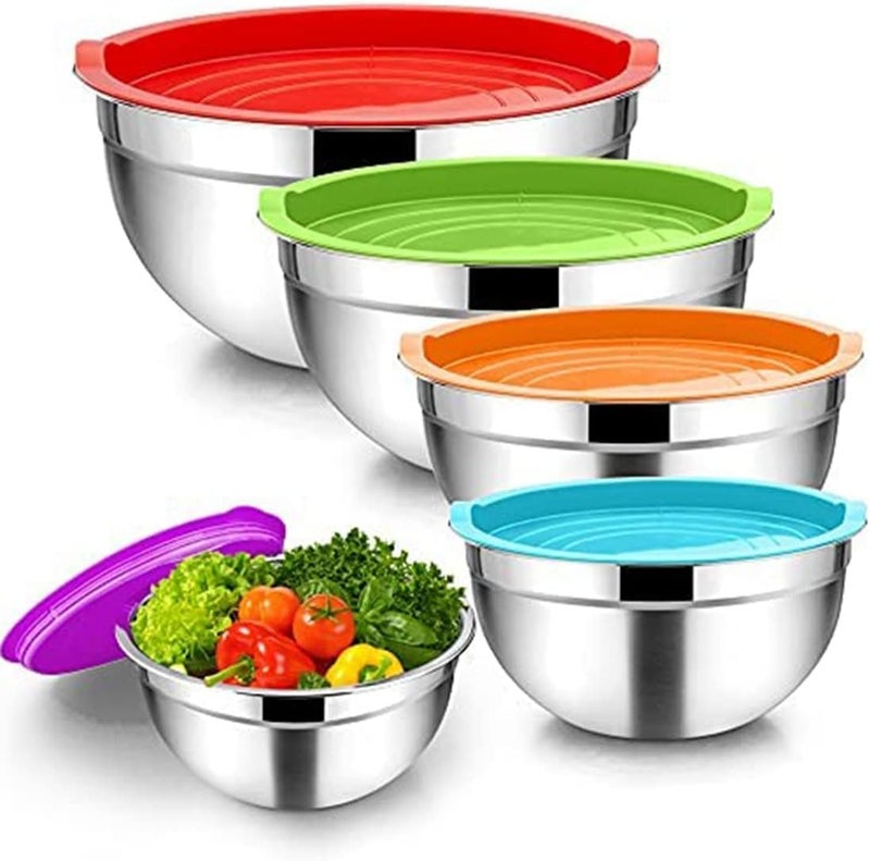 Stainless Steel Mixing Bowls Set of 5 with Colourful Silicone Lids - Image 1