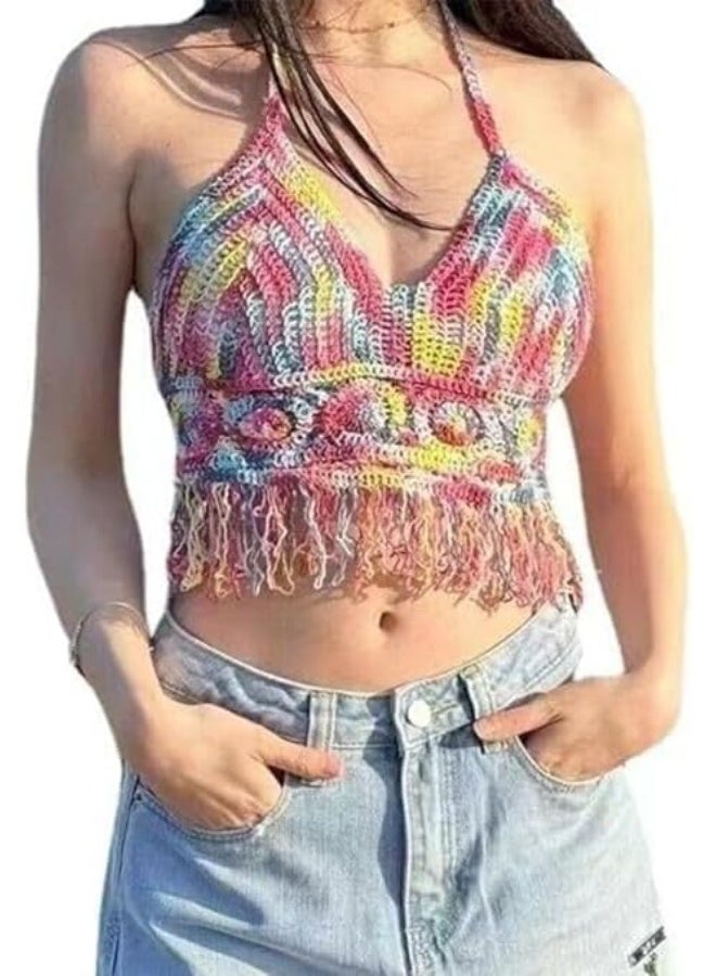Showday Women's Crochet Bikini Top - Backless Halter Neck Lace-Up Beachwear, Padded Fringe Bralette, Free Size Summer Vacation Knit Crop Top for Women - Image 1