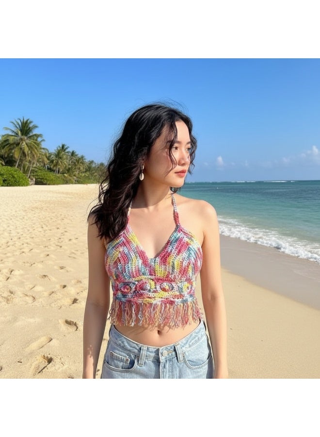 Showday Women's Crochet Bikini Top - Backless Halter Neck Lace-Up Beachwear, Padded Fringe Bralette, Free Size Summer Vacation Knit Crop Top for Women - Image 2