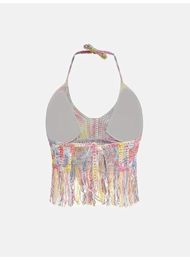 Showday Women's Crochet Bikini Top - Backless Halter Neck Lace-Up Beachwear, Padded Fringe Bralette, Free Size Summer Vacation Knit Crop Top for Women - Image 4