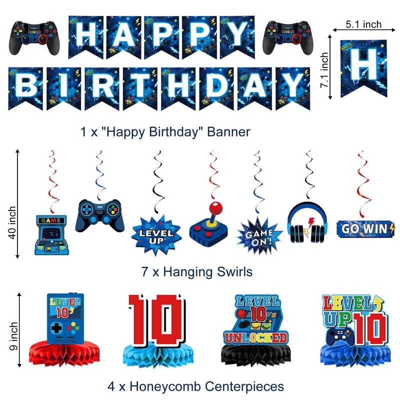 Oigco 10th Birthday Decorations for Boys, Blue Video Game Party Decorations, Level 10 Backdrop, Banner, Hanging Swirls, Honeycomb Centerpieces, Foil & Latex Balloons for 10 Years Old Boy Birthday Decor - Image 2