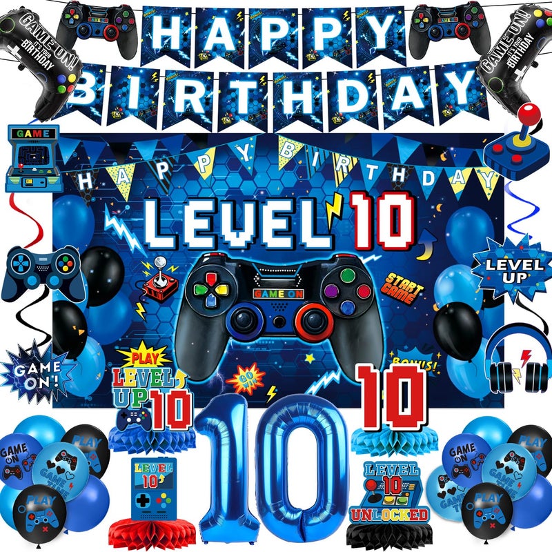 Oigco 10th Birthday Decorations for Boys, Blue Video Game Party Decorations, Level 10 Backdrop, Banner, Hanging Swirls, Honeycomb Centerpieces, Foil & Latex Balloons for 10 Years Old Boy Birthday Decor - Image 1