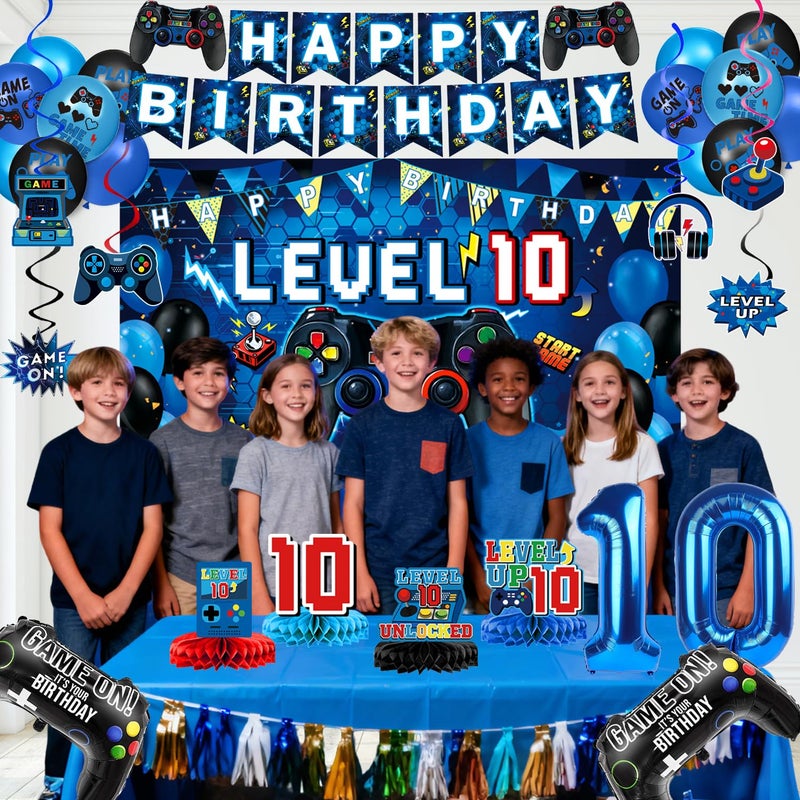 Oigco 10th Birthday Decorations for Boys, Blue Video Game Party Decorations, Level 10 Backdrop, Banner, Hanging Swirls, Honeycomb Centerpieces, Foil & Latex Balloons for 10 Years Old Boy Birthday Decor - Image 4