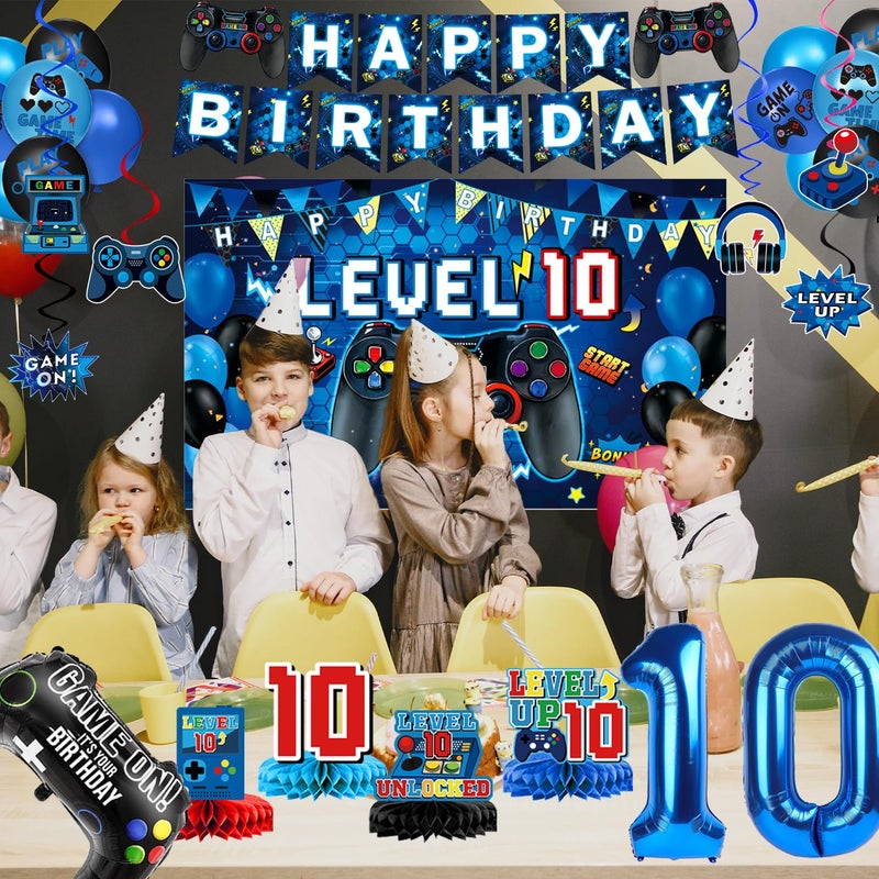 Oigco 10th Birthday Decorations for Boys, Blue Video Game Party Decorations, Level 10 Backdrop, Banner, Hanging Swirls, Honeycomb Centerpieces, Foil & Latex Balloons for 10 Years Old Boy Birthday Decor - Image 5