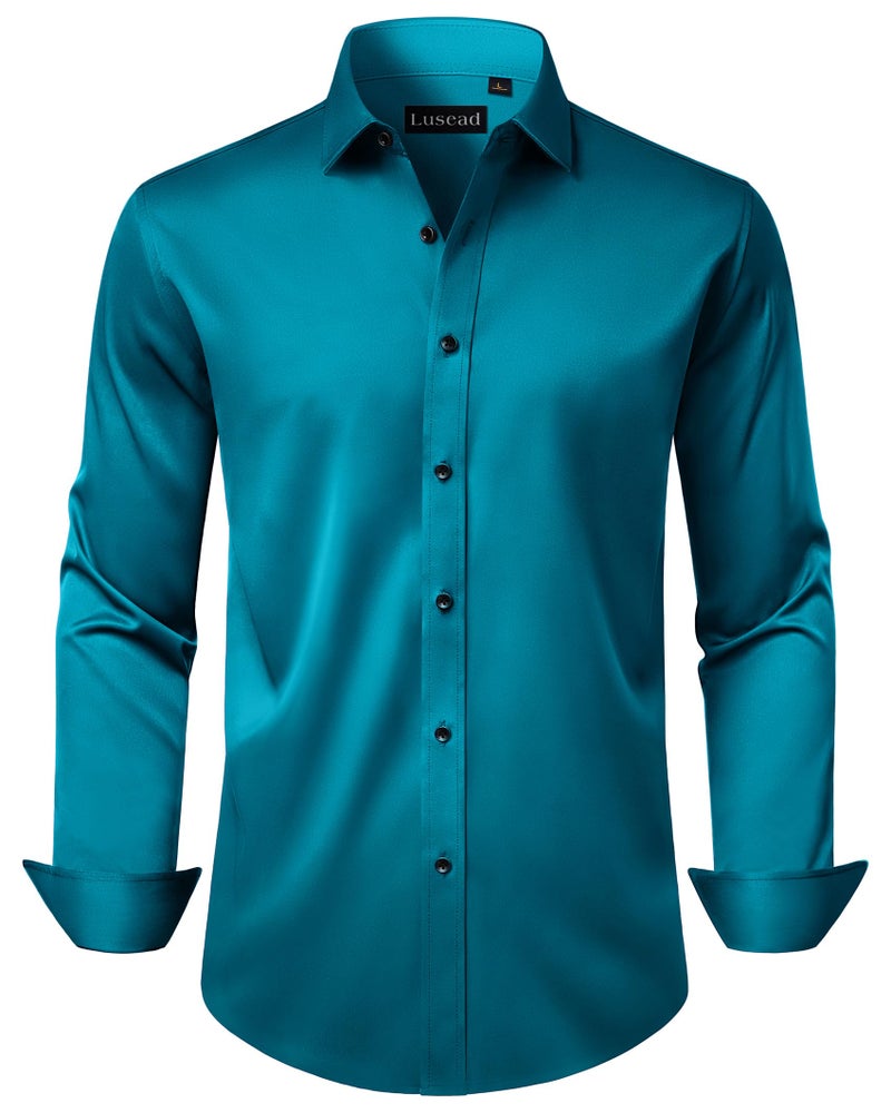 Lusead Teal Dress Shirts for Men Stretch Wrinkle Free Long Sleeve Business Slim Fit Casual Button Down Formal Shirt - Image 1