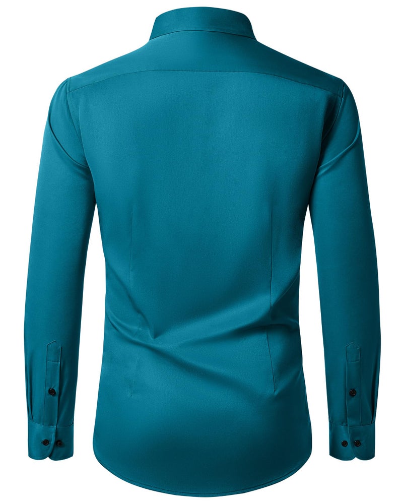 Lusead Teal Dress Shirts for Men Stretch Wrinkle Free Long Sleeve Business Slim Fit Casual Button Down Formal Shirt - Image 3