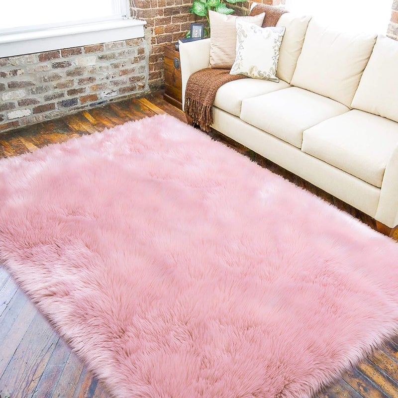 LOCHAS Soft Fluffy Pink Faux Fur Rugs for Bedroom Bedside Rug 4x6 Feet Washable Furry Sheepskin Area Rug for Living Room Girls Room Luxury Shag Carpet Home Decor