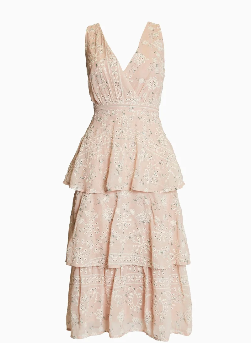 True Decadence Clara Nude-Floral Broderie Bow Back Tiered Midi Dress