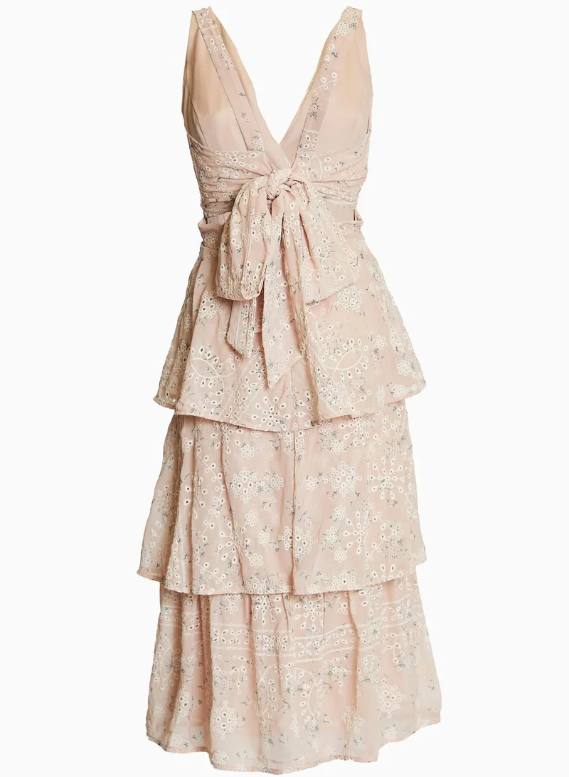 ترو ديكادينس Clara Nude-Floral Broderie Bow Back Tiered Midi Dress