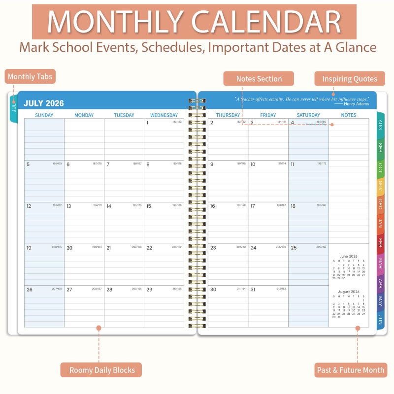 Artfan Teacher Planner 2026-2027 - Academic Planner Teacher Lesson Planner 2026-2027, July 2026 - June 2027, 8.5" x 11", Lesson Plan Book, Weekly & Monthly Lesson Calendar with with Colorful Laminated Tabs, Quotes, Inner Pocket - Image 4