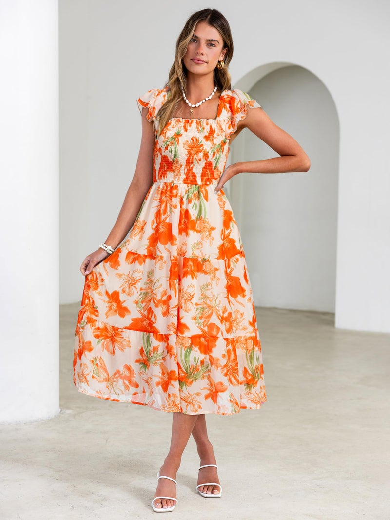 Simplee Women Floral Summer Midi Dress Beach Vacation Square Neck Spring Sun Dress A Line Chiffon Long Wedding Guest Dress 2026 (Orange Floral S) - Image 3