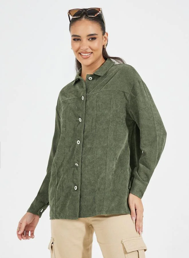 Styli Oversized Corduroy Shirt with Buttons