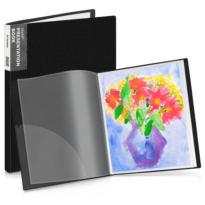 Dunwell 11x14 Binder with Sleeves (Black), 24 Pockets Display 48 Pages, Large Folder with Plastic Sleeves,11x14 Presentation Book with Protector Sleeves, Kids Art Portfolio 14x11,Clear Pages,Vertical - Image 1