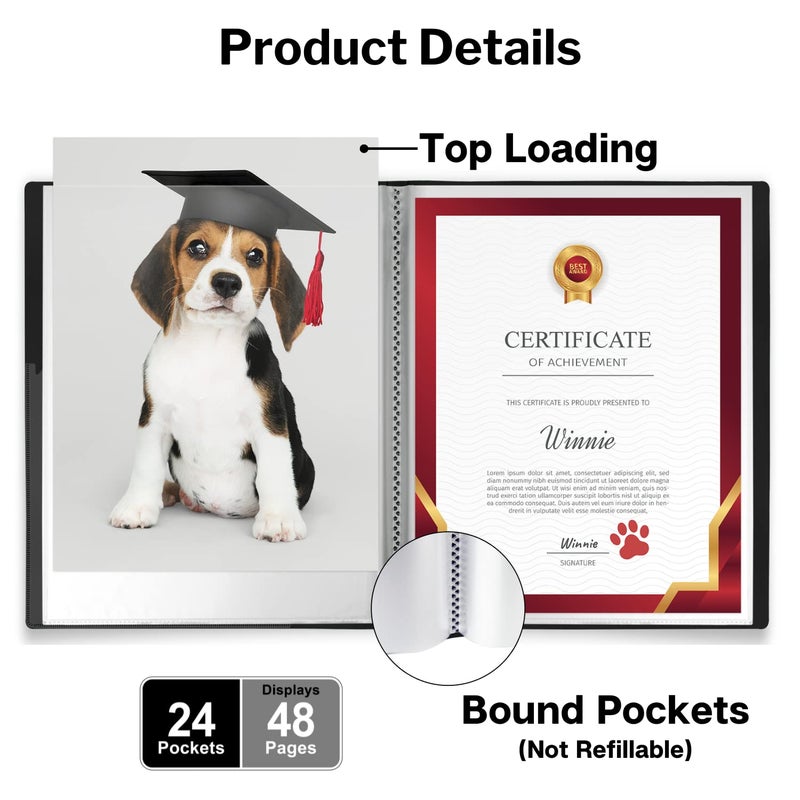 Dunwell 11x14 Binder with Sleeves (Black), 24 Pockets Display 48 Pages, Large Folder with Plastic Sleeves,11x14 Presentation Book with Protector Sleeves, Kids Art Portfolio 14x11,Clear Pages,Vertical - Image 2