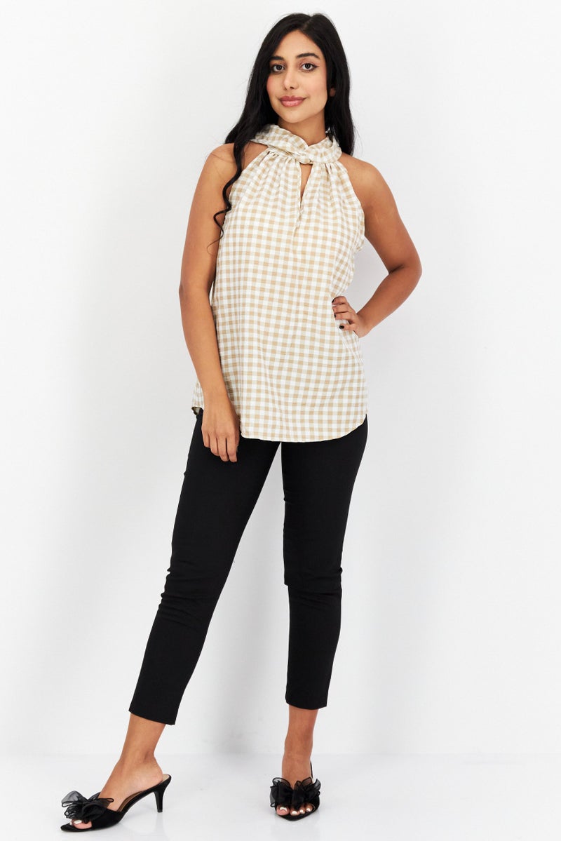 ANNE KLEIN Women Halter Neck Sleeveless Gingham Pattern Top, White - Image 3