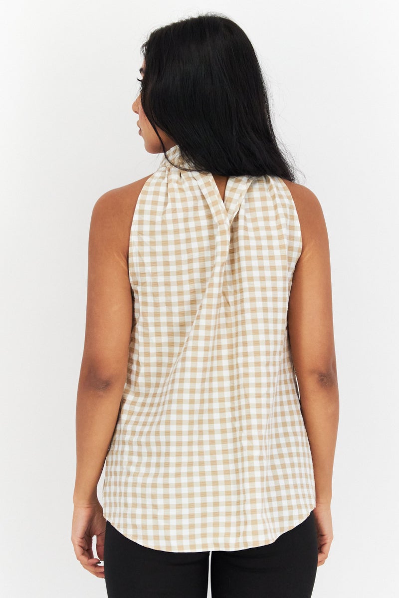 ANNE KLEIN Women Halter Neck Sleeveless Gingham Pattern Top, White - Image 2