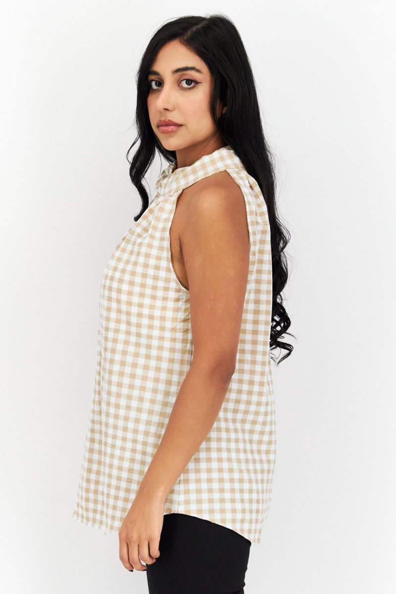ANNE KLEIN Women Halter Neck Sleeveless Gingham Pattern Top, White - Image 4