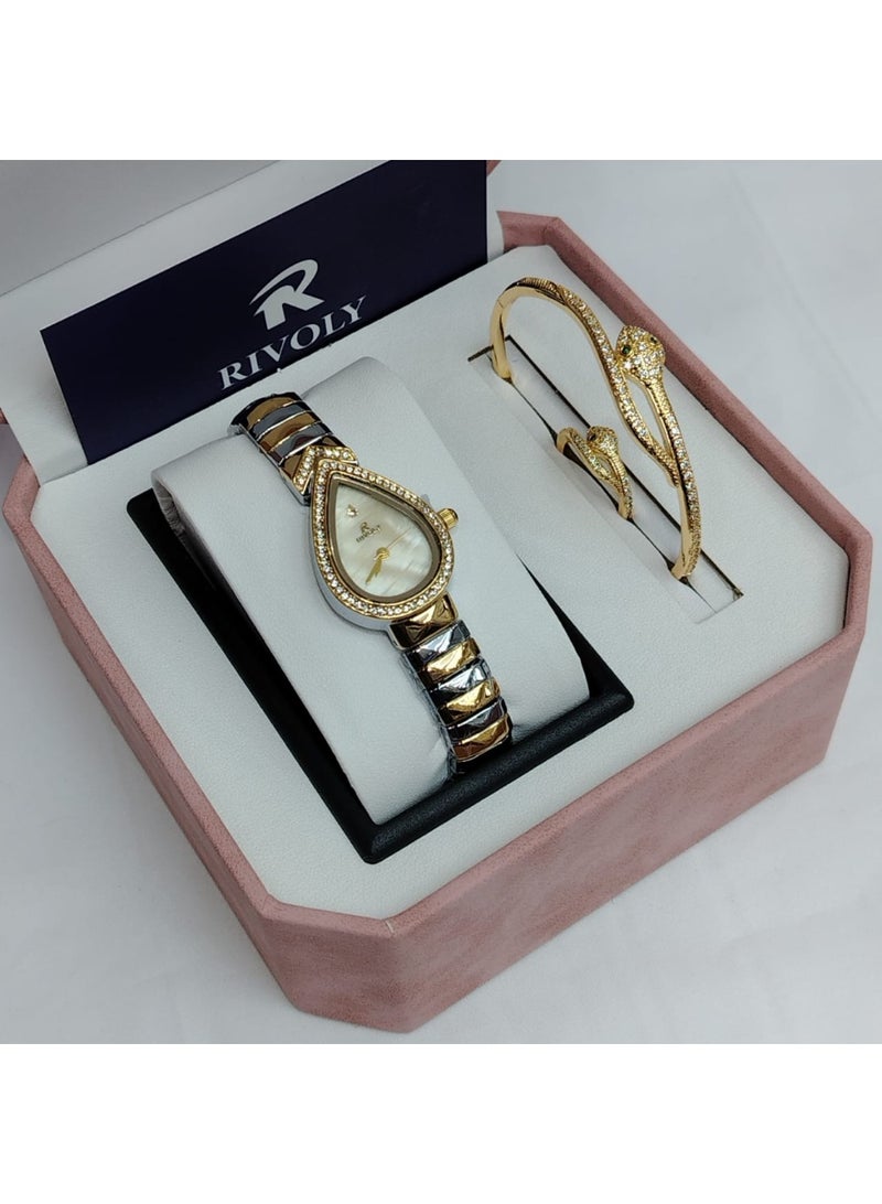 ريفولي طقم نسائي راقٍ بساعة بتصميم فاخر على شكل قطرة، مرصعة بالكريستال مع سوار أنيق يعكس لمسة فخامة وجاذبية