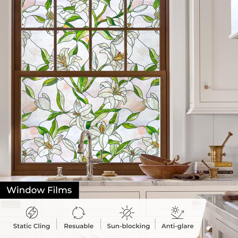 ADD.HERES 3D Stained Glass Window Film, Decorative Window Privacy Film for Bathroom, Front Door, Home, Sun Blocking Heat Control, Static Cling,White Lily 35.4inch x 78.7inch - Image 4