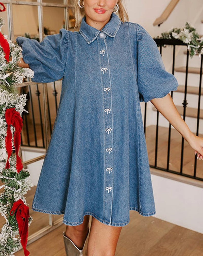 LifeShe Women Short Puff Sleeve Denim Dress Babydoll Mini Dress Casual Flowy Swing Jean Dresses Blue - Image 5