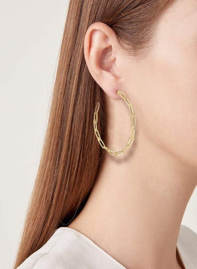 NLCAC 14K Gold Chain Hoop Earrings - Chic Shiny Paperclip Chain Link Big Hoop Earrings for Women - Image 2