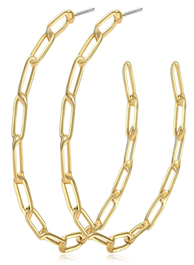 NLCAC 14K Gold Chain Hoop Earrings - Chic Shiny Paperclip Chain Link Big Hoop Earrings for Women - Image 1