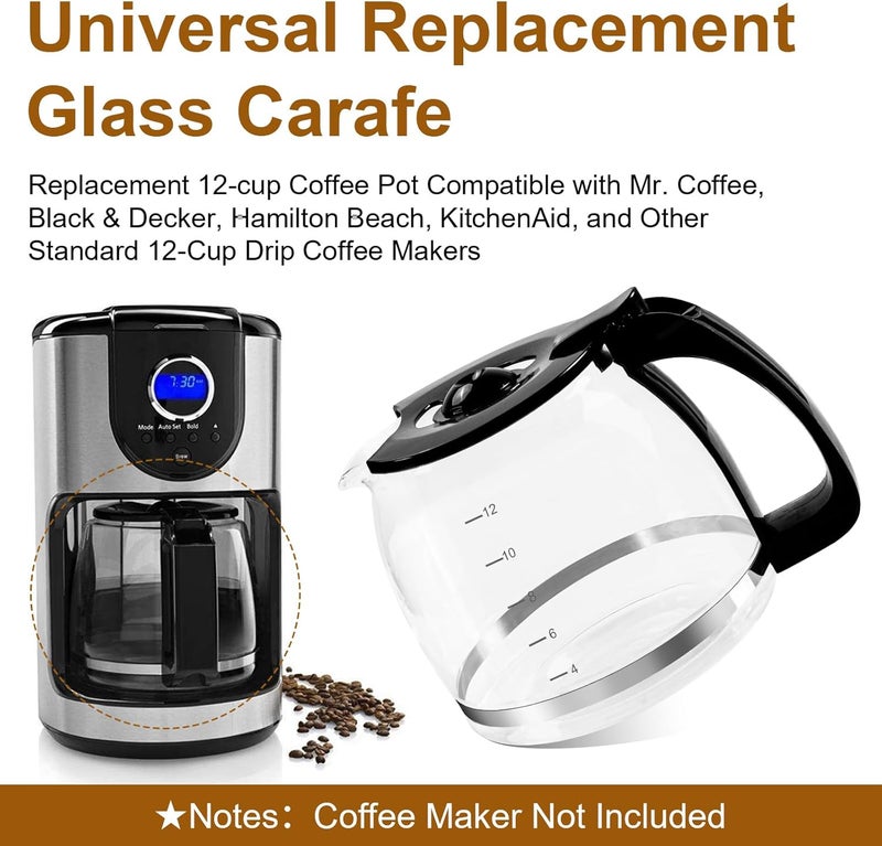 إبريق زجاجي بسعة 12 كوب ��ابل للاستبدال لأجهزة تحضير القهوة من ماركات Mr Coffee، Black & Decker، Hamilton Beach، KitchenAid، وغيرها؛ سعة الإبريق 1.8 لتر، مزود بمقبض و3 أغطية قابلة للتثبيت بسهولة بأحجام مختلفة. - Image 2