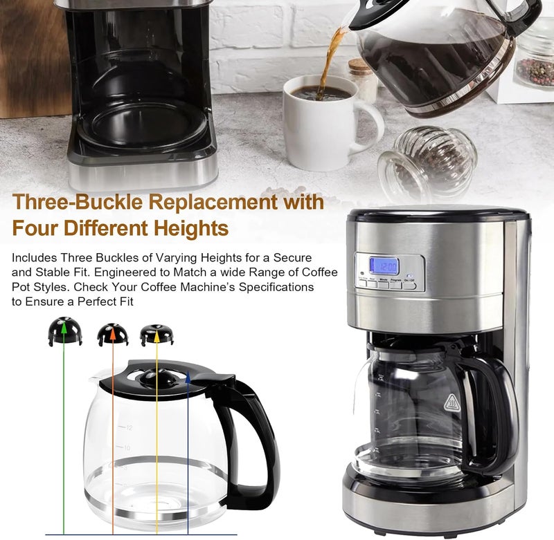 إبريق زجاجي بسعة 12 كوب ��ابل للاستبدال لأجهزة تحضير القهوة من ماركات Mr Coffee، Black & Decker، Hamilton Beach، KitchenAid، وغيرها؛ سعة الإبريق 1.8 لتر، مزود بمقبض و3 أغطية قابلة للتثبيت بسهولة بأحجام مختلفة. - Image 3